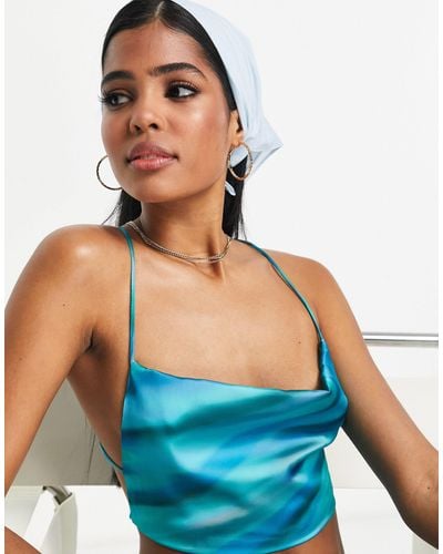 Pull&Bear Satin Cropped Open Back Top - Blue
