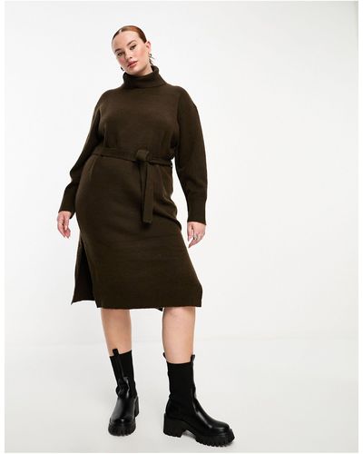 Threadbare Plus - brooklyn - robe pull mi-longue nouée à la taille à col roulé - marron chocolat - Noir