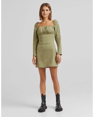 Bershka Ruched Bust Long Sleeve Mini Dress - Green