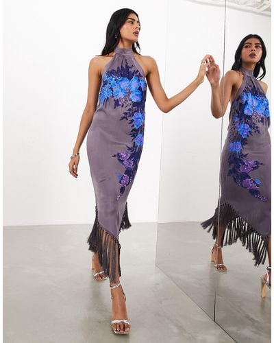 ASOS Trailing Floral Embroidered Fringe Hem Halter Midi Dress - Blue