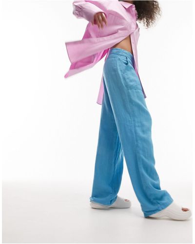TOPSHOP Pantalon droit cargo en lin à taille basse - kaki - Bleu