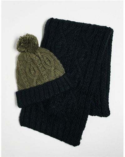 French Connection Two Color Cable Hat And Scarf Set - Black