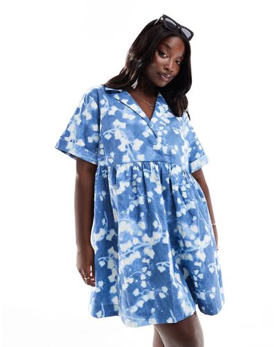 ASOS Asos Design Curve Mini Shirt Dress With Revere Collar And Corset Hem - Blue