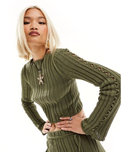 Reclaimed (vintage) Ribbed Knitted Top With Lace Sleeve Detail - Green