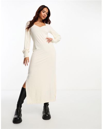 Pieces Sweetheart Neckline Ribbed Midi Dress - Natural