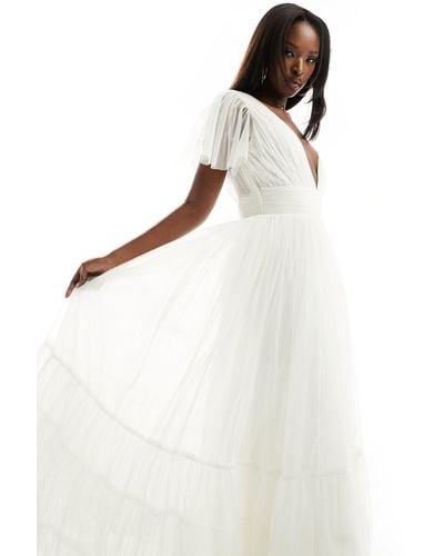 LACE & BEADS Bridal Madison V Neck Tulle Maxi Dress - White