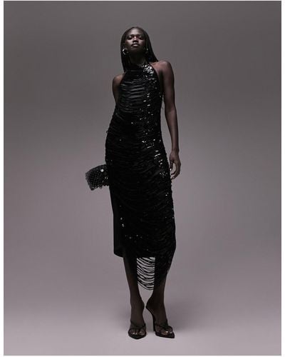 TOPSHOP Halterneck Sequin Fringe Maxi Dress - Black