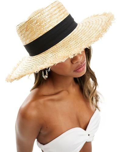 South Beach Straw Boater Beach Hat With Frayed Edge - Natural