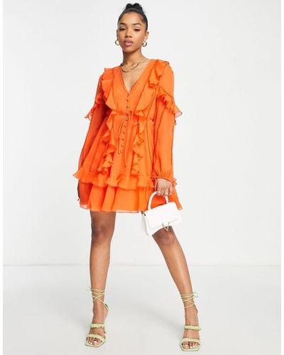 ASOS Ruffle Mini Dress With Button Front And Lace Detail - Orange