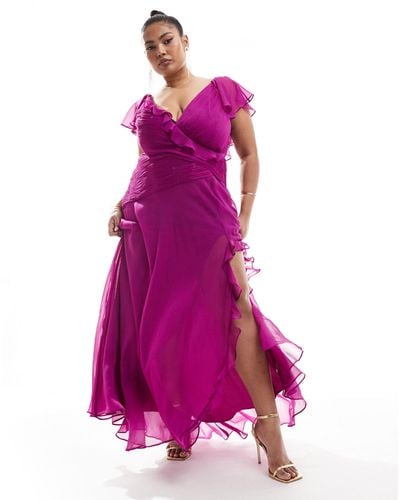 ASOS Asos Design Curve Wrap Front Ruffle Maxi Dress With High Split Detail - Pink