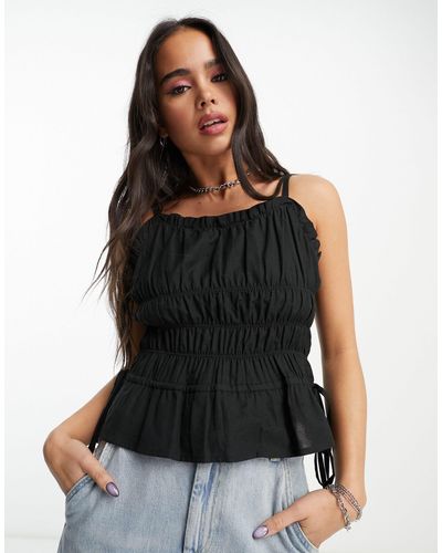 Native Youth Shirred Linen Cami Top - Black