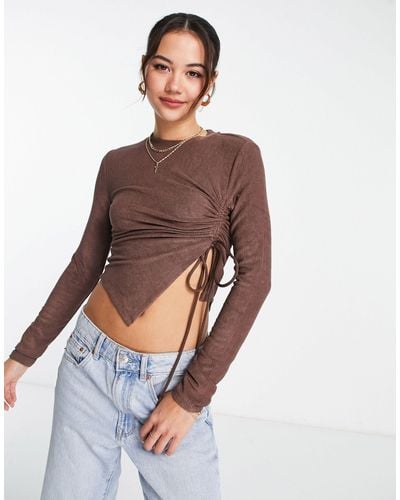 Urban Revivo Long Sleeve Top With Side Ruched Detailing - Brown
