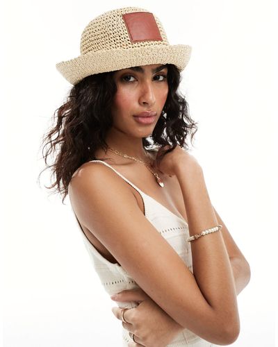 ASOS Straw Crochet Bucket Hat With Faux Leather Patch - Brown