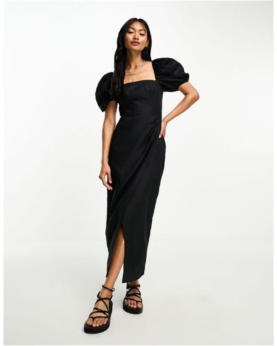 & Other Stories Linen Blend Wrap Midi Dress - Black