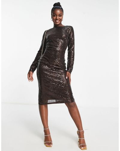 In The Style Exclusive Sequin Long Sleeve Midi Dress - Black