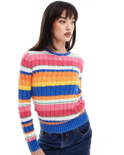 Polo Ralph Lauren Cable Knit Stripe Jumper With Logo - White