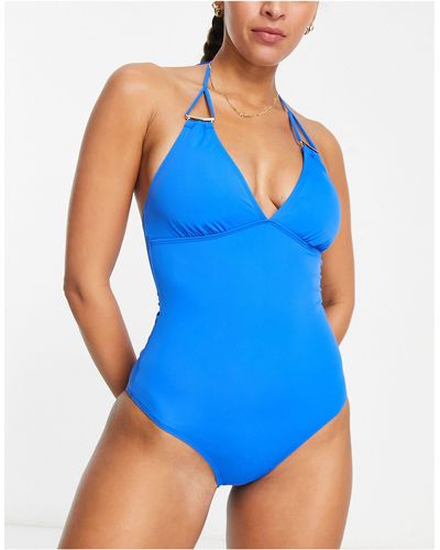 Accessorize High Neck Plunge Shaping Swimsuit - Blue