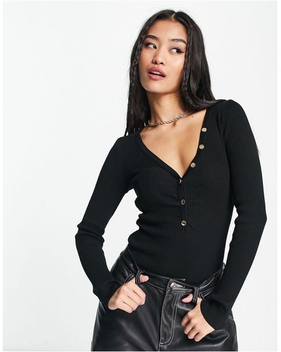 New Look Knitted Ruched Front Button Down Bodysuit - Black