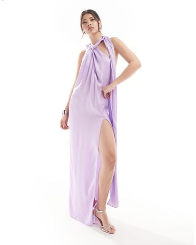 ASOS Satin Halter Wrap Neck Detail Maxi Dress With Drape Detail - Pink