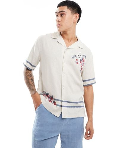Abercrombie & Fitch Short Sleeve Fruit Embroidery Revere Collar Linen Shirt - White