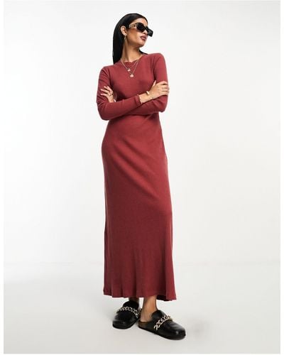 ASOS Super Soft Ribbed Crew Neck Midi Dress With Long Sleeve Rusty - Red