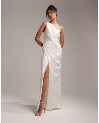 ASOS Bridal Satin One Shoulder Draped Wedding Dress - White