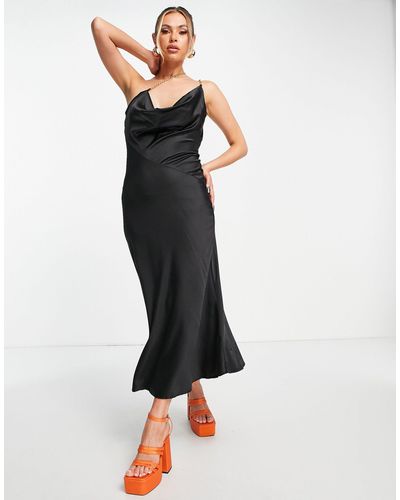 Femme Luxe Asymmetric Diamonte Strap Satin Midi Dress - Black
