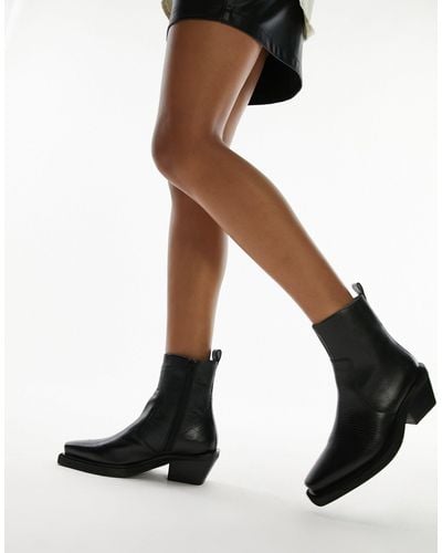 TOPSHOP Lara Leather Western Style Ankle Boots - Black