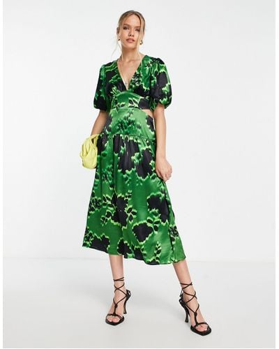 TOPSHOP Graphic Floral Cut Out Waist Midi Dress - Green