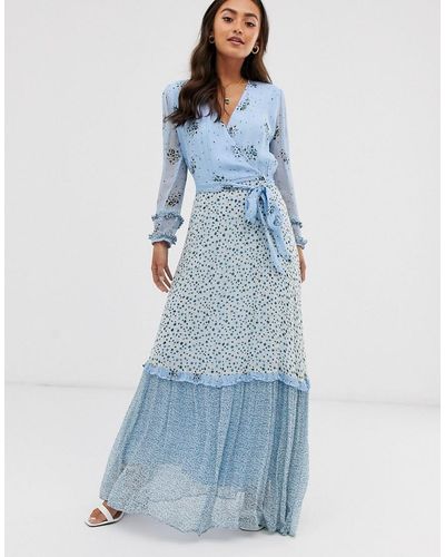 Ghost Avery Georgette Mix And Match Print Floral Maxi Dress - Blue