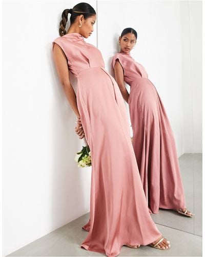 ASOS Bridesmaid Satin Cowl Neck Maxi Dress With Cut Out Back - Pink