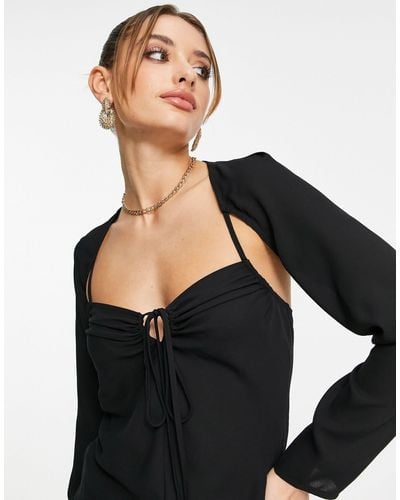 ASOS Long Sleeve Sheer Blouse With Ruched Keyhole Detail - Black