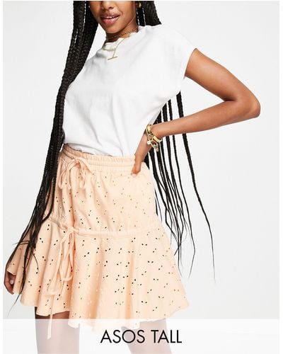 ASOS Asos Design Tall Broderie Tiered Mini Skirt With Tie Detail - Natural