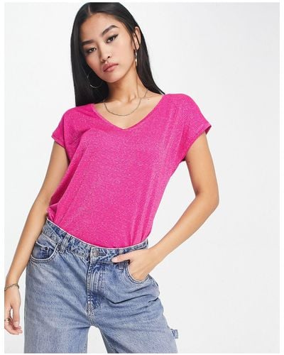 Pieces – t-shirt mit v-ausschnitt - Pink