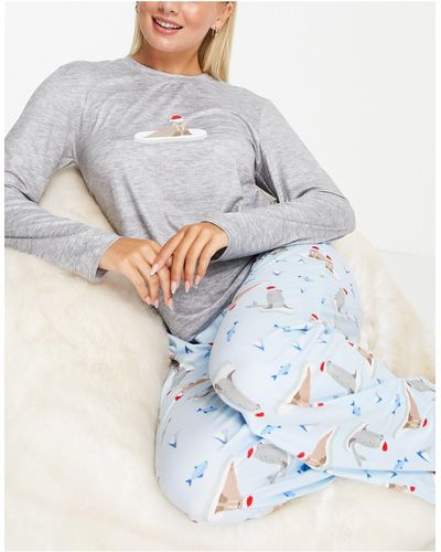 Loungeable Pijama gris y azul con estampado