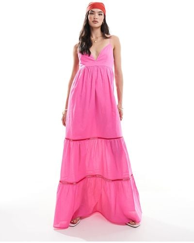 ONLY Tiered Maxi Dress With Contrast Lace - Pink