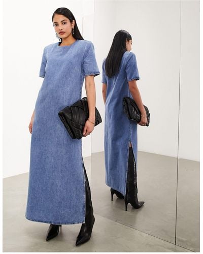ASOS Denim Shoulder Pad Midaxi Dress - Blue
