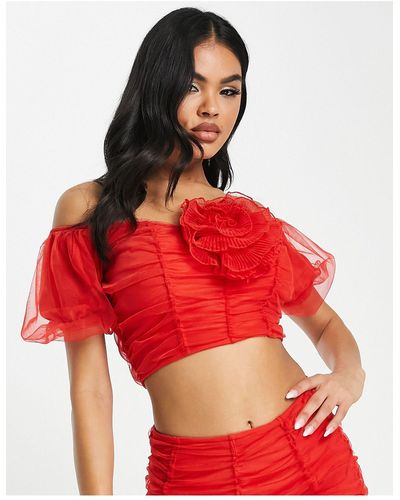 ASOS Co-ord Mesh Corsage Off Shoulder Ruched Top - Red