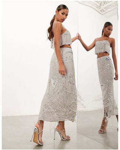 ASOS Sequin And Fringe Artwork Midi Skirt - Natural
