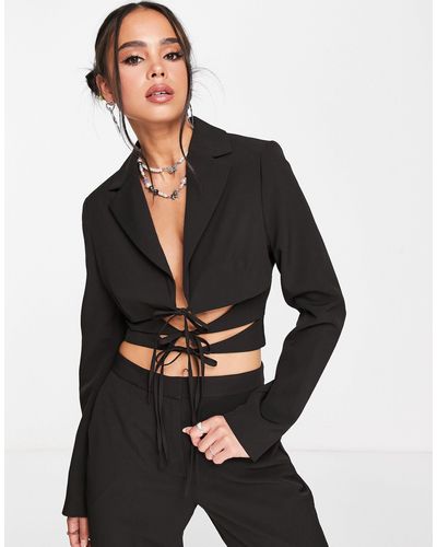Collusion Cropped Blazer With Tie Detail - Black
