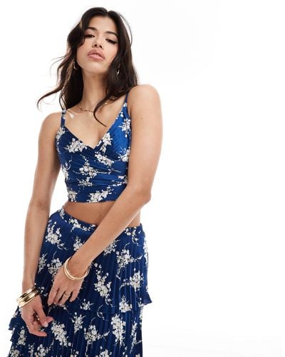 Abercrombie & Fitch Co-ord Pleated Satin Floral Print Top - Blue