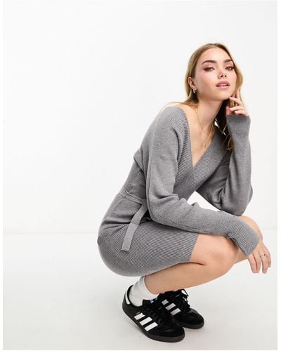 Vero Moda Wrap Belted Long Sleeve Knitted Mini Dress - Gray
