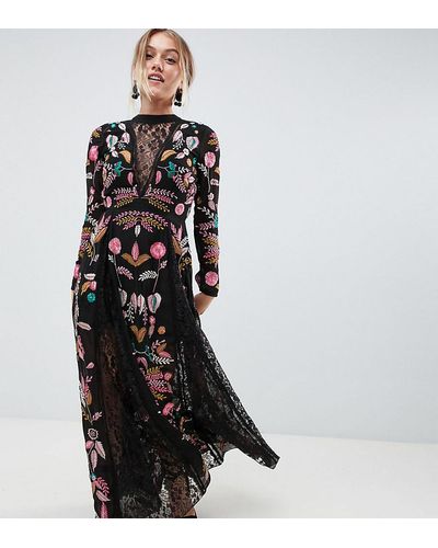 Frock and Frill Embroidered Maxi Dress With Lace Inserts - Black