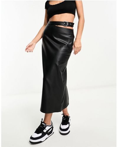 Pull&Bear Faux Leather Midi Skirt With Cut Out Belt Detail - Black