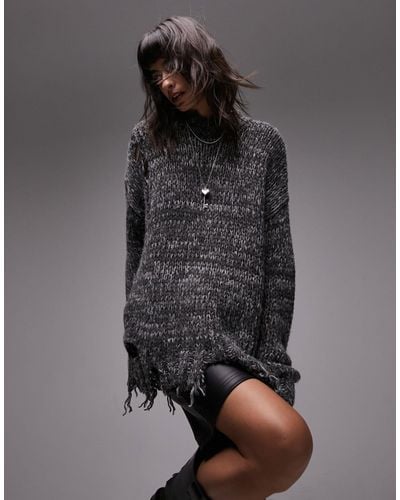 TOPSHOP Knitted Oversized Distressed Sweater - Black