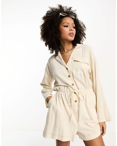 ASOS Slouchy Linen Look Shirt Playsuit With Long Sleeve - Natural