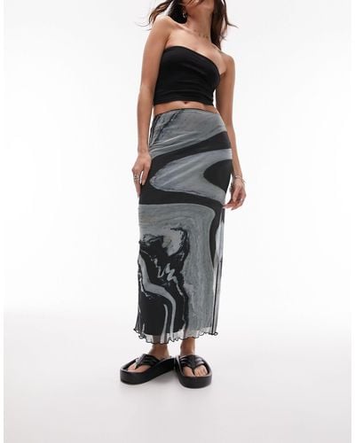 TOPSHOP Midi Skirt With Large Marble Placement Monochrome Print - Multicolor