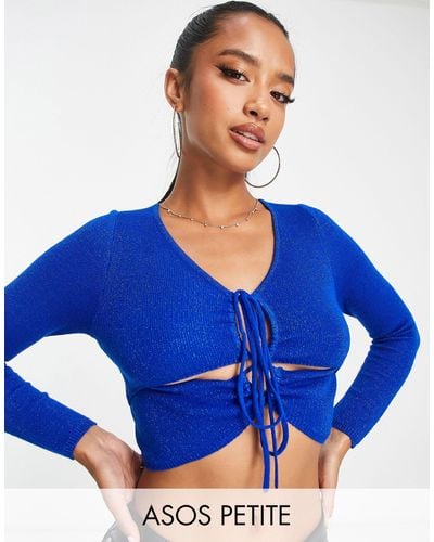 ASOS Asos Design Petite Knitted Top With Cut Out And Tie Front - Blue