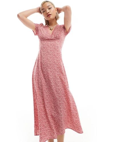 Glamorous V Neck Lace Trim Midi Tea Dress - Pink