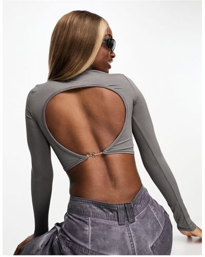 Sixth June Long Sleeve High Neck Crop Top With Open Back - White
